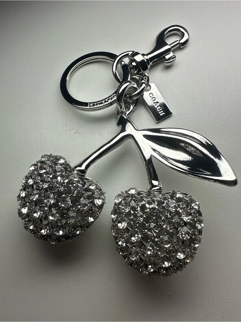 Coach Crystal Cherry Bag Charm Silver Clear Pave Keychain Key Ring Dogleash Clip